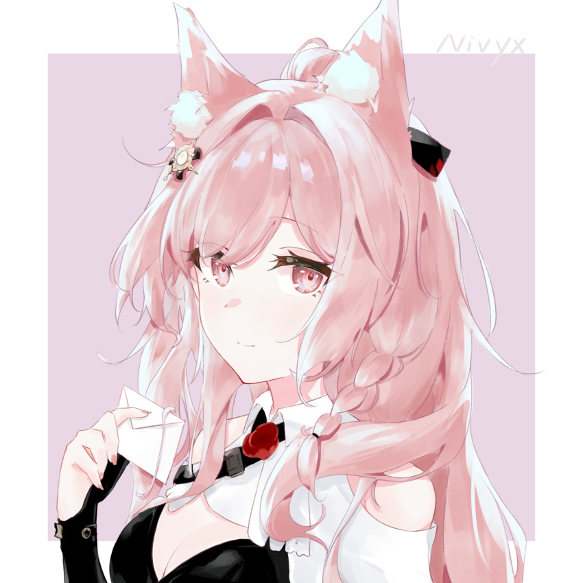 1girl animal_ear_fluff animal_ears arknights artist_name black_gloves black_shirt border braid breasts cleavage clothing_cutout envelope gloves hair_ornament hand_up highres holding holding_envelope long_hair looking_at_viewer nivyx outside_border partially_fingerless_gloves pink_background pink_eyes pink_hair pozyomka_(arknights) shirt shoulder_cutout simple_background small_breasts solo white_border wolf_ears wolf_girl