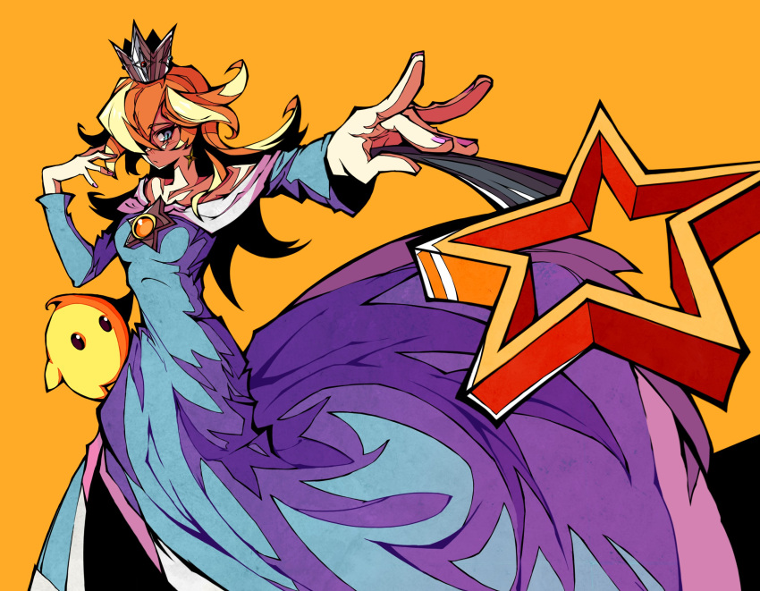 1girl blonde_hair blue_dress crown dress earrings hair_over_one_eye highres holding holding_wand jewelry kekel long_hair long_sleeves looking_at_viewer luma_(mario) mario_(series) rosalina star_(symbol) star_earrings super_mario_galaxy wand yellow_background