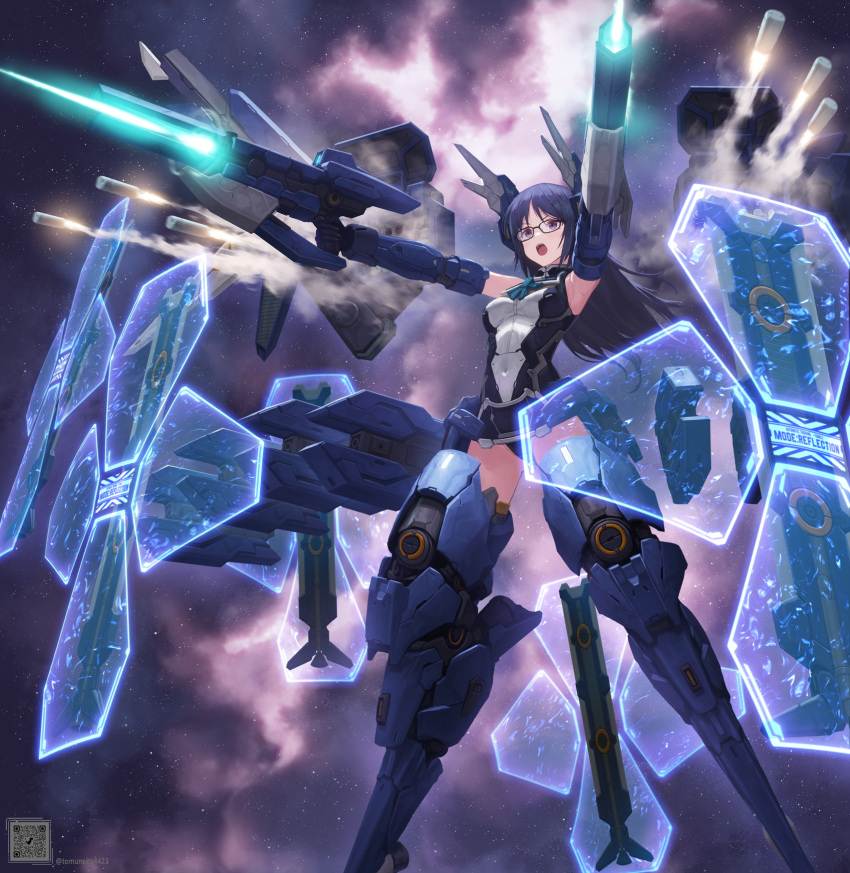 1girl :o alice_gear_aegis blue_hair breasts character_request check_character commentary_request covered_navel dual_wielding energy_barrier energy_shield glasses gun highres holding long_hair mecha_musume medium_breasts missile missile_pod momoshina_fumika open_mouth purple_eyes skin_tight solo tom-neko_(zamudo_akiyuki) weapon
