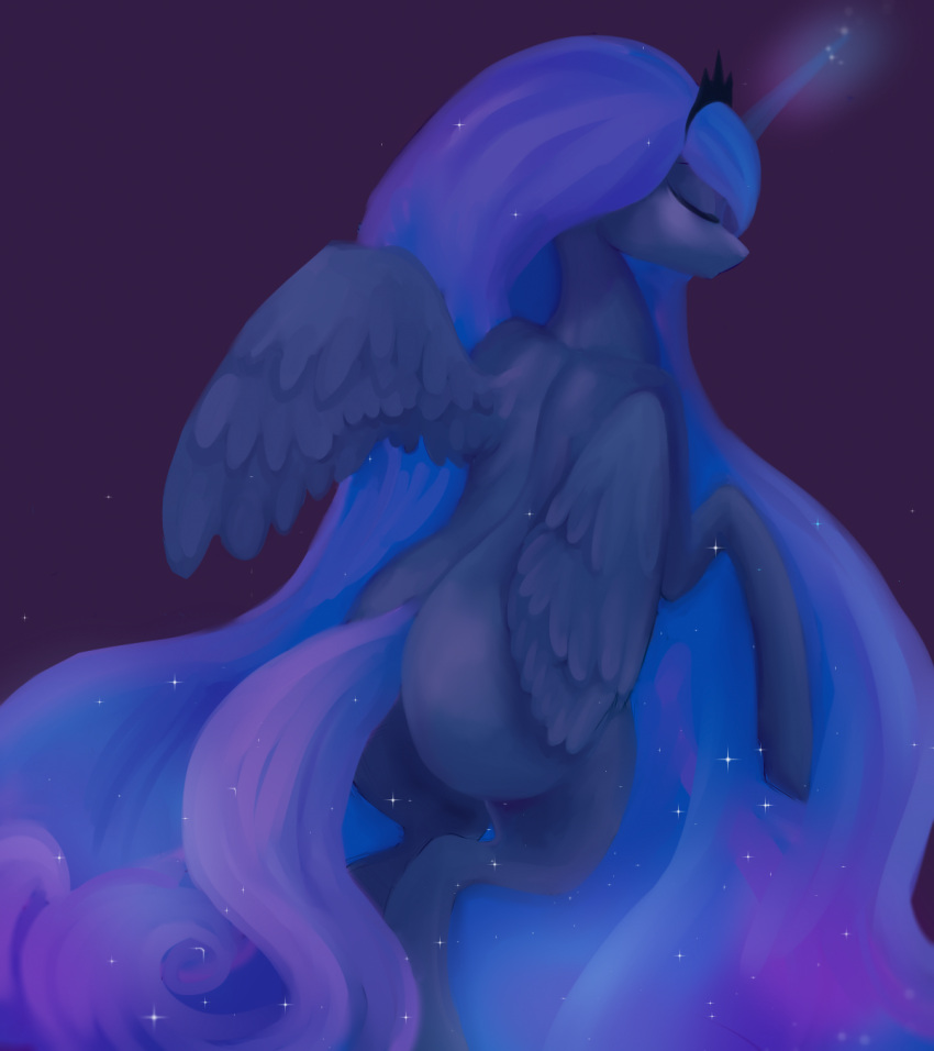 2017 blue_body blue_feathers blue_hair blue_tail butt crown digital_media_(artwork) equid equine eyes_closed feathered_wings feathers female feral friendship_is_magic hair hasbro hi_res horn long_hair long_tail mammal minckies my_little_pony princess_luna_(mlp) purple_background simple_background solo winged_unicorn wings