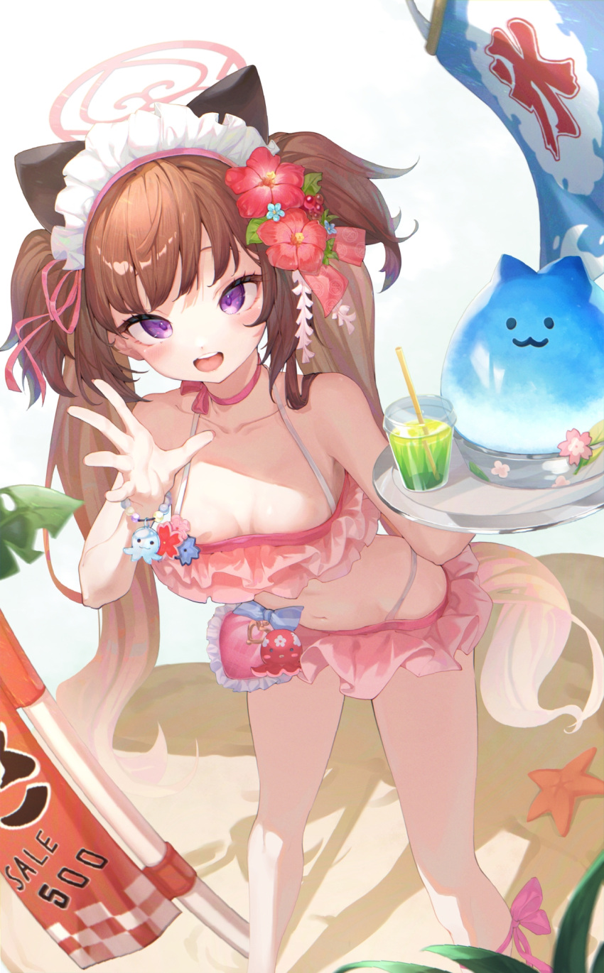 1girl ahoge animal_ears bare_shoulders beach bikini black_choker blue_archive blush breasts brown_hair choker cleavage collarbone cup drink drinking_straw flower frilled_bikini frills hair_flower hair_ornament halo hand_up highres long_hair looking_at_viewer maid_headdress mishuo_(misuo69421) navel open_mouth pink_bikini purple_eyes ribbon shizuko_(blue_archive) shizuko_(swimsuit)_(blue_archive) small_breasts smile solo standing star_(symbol) starfish swimsuit tail tropical_drink twintails two_side_up very_long_hair waving