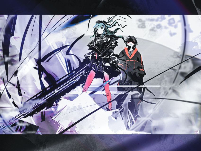 1boy 1girl absurdres beret black_eyes black_hair black_headwear black_jacket black_pants black_shirt black_skirt blue_hair facial_hair floating_hair goggles grey_shirt hand_in_pocket hands_in_pockets hat head_tilt highres holding holding_sword holding_weapon hololive hoshimachi_suisei jacket long_hair looking_up midnight_grand_orchestra official_art pants real_life shake_(shyakep) shirt skirt stubble sword taku_inoue virtual_youtuber weapon