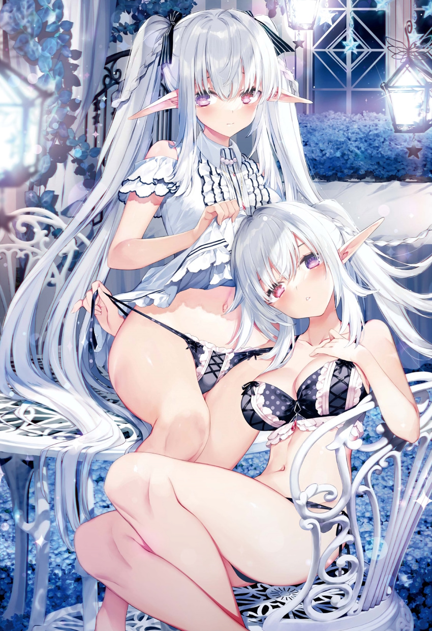 2girls bangs bare_arms bare_legs bare_shoulders black_bow black_bra black_panties black_ribbon blush bow bow_panties bra braid breasts chair cleavage closed_mouth clothes_lift clothing_cutout collarbone collared_dress cropped crossed_legs dress dress_lift elf eyelashes frilled_bra frilled_panties frills hair_between_eyes hair_intakes hair_ribbon hand_on_own_chest head_tilt heterochromia highres indoors jewelry lantern large_breasts leaf lifted_by_self long_hair looking_at_viewer medium_breasts melonbooks midriff multiple_girls navel necklace night on_table original panties parted_lips pink_eyes pinky_out plant pointy_ears polka_dot polka_dot_bra polka_dot_panties ponytail potted_plant purple_eyes ribbon satsuki_misuzu shoulder_cutout siblings side-tie_panties side_braid sidelocks sisters sitting sitting_on_table stomach string_panties table tearing_up thighs twin_braids twins twintails underwear untied untied_panties very_long_hair white_dress white_hair window