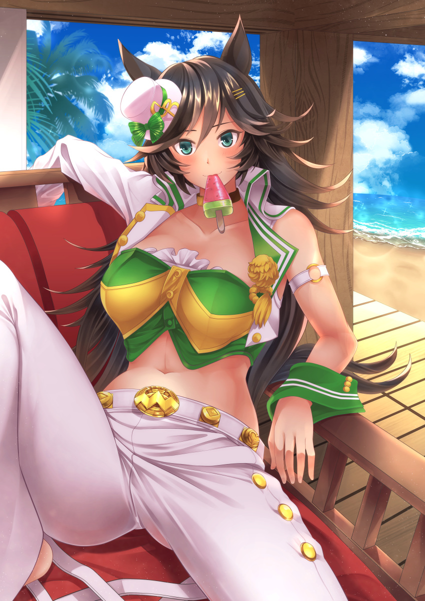 1girl absurdres aqua_eyes bangs black_hair blue_sky blush bow breasts cloud commentary_request crop_top day food green_bow green_shirt hair_ornament hairclip hat hat_bow highres knee_up large_breasts long_hair long_sleeves looking_at_viewer midriff mini_hat mini_top_hat mouth_hold mr._c.b._(umamusume) navel ocean outdoors pants pesamaru popsicle shirt single_bare_shoulder single_sleeve sitting sky smile solo stomach strapless strapless_shirt top_hat umamusume very_long_hair water watermelon_bar white_headwear white_pants wrist_cuffs