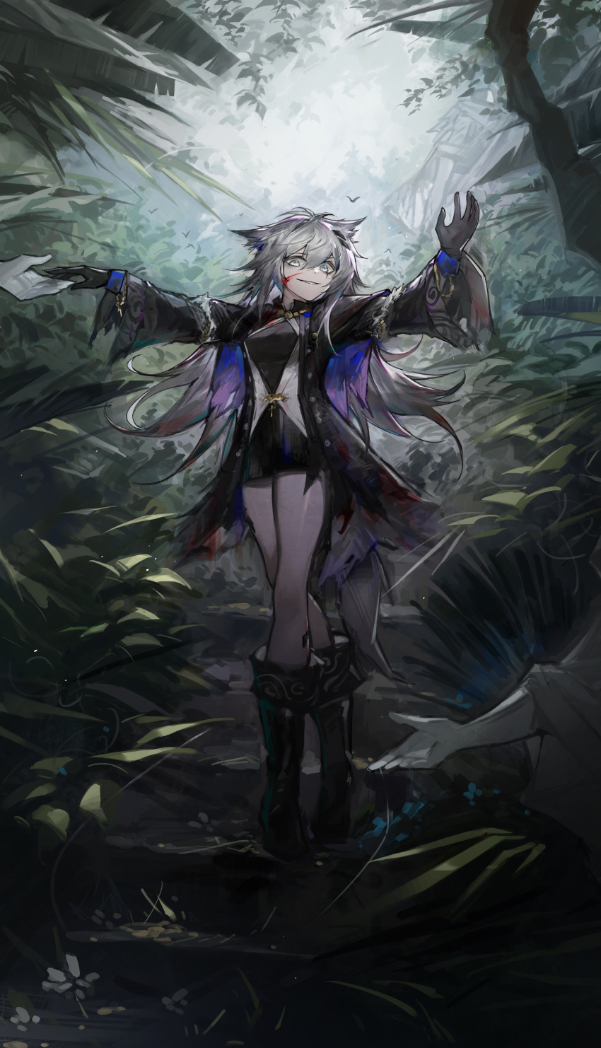 1girl absurdres animal_ears arknights arms_up black_coat black_dress black_footwear black_gloves blood blood_on_face boots breasts coat day dress forest full_body gloves green_eyes grey_hair highres knee_boots lappland_(arknights) long_hair long_sleeves looking_at_viewer medium_breasts nature official_alternate_costume open_clothes open_coat oripathy_lesion_(arknights) outdoors outstretched_arms parted_lips plant qingfeng_canying short_dress smile solo stairs standing statue very_long_hair wide_sleeves wolf_ears