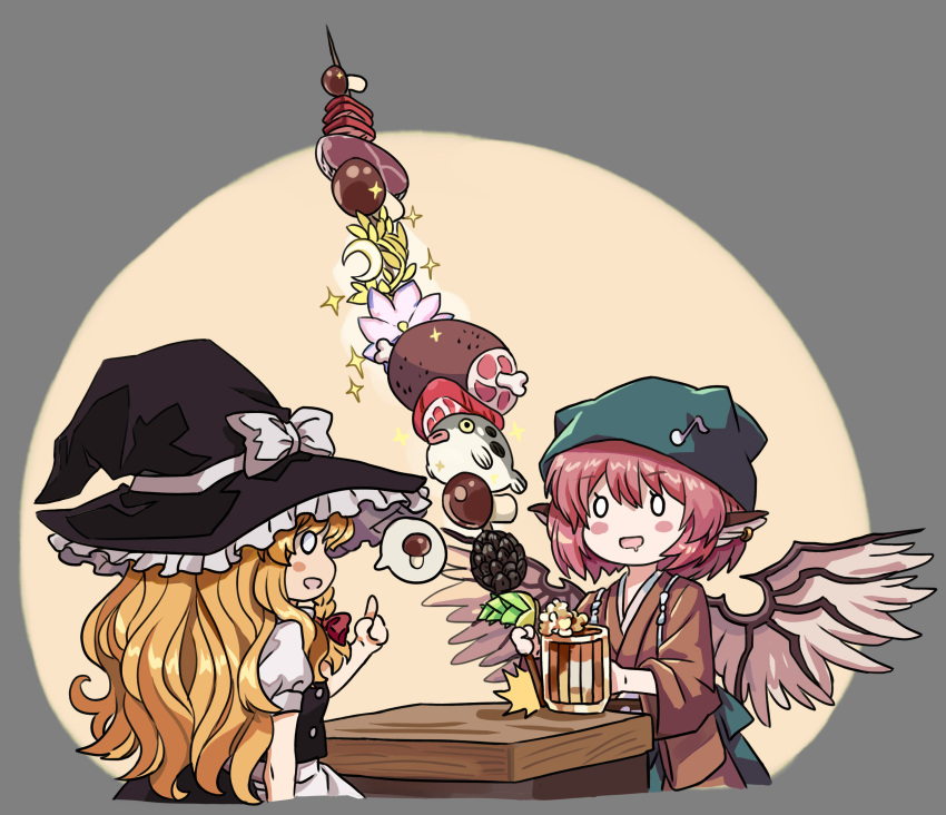 2girls absurdres alcohol animal_ears apron beer beer_mug bird_ears bird_wings black_headwear blonde_hair blush_stickers bow cup drooling earrings fish food hat hat_bow head_scarf highres holding holding_food japanese_clothes jewelry kirisame_marisa long_hair long_sleeves meat mouth_drool mug multiple_girls mushroom mystia_lorelei nero_augustus okamisty open_mouth pink_hair puffy_short_sleeves puffy_sleeves short_hair short_sleeves single_earring smile touhou touhou_mystia's_izakaya waist_apron white_apron white_bow white_wings wide_sleeves wings witch_hat