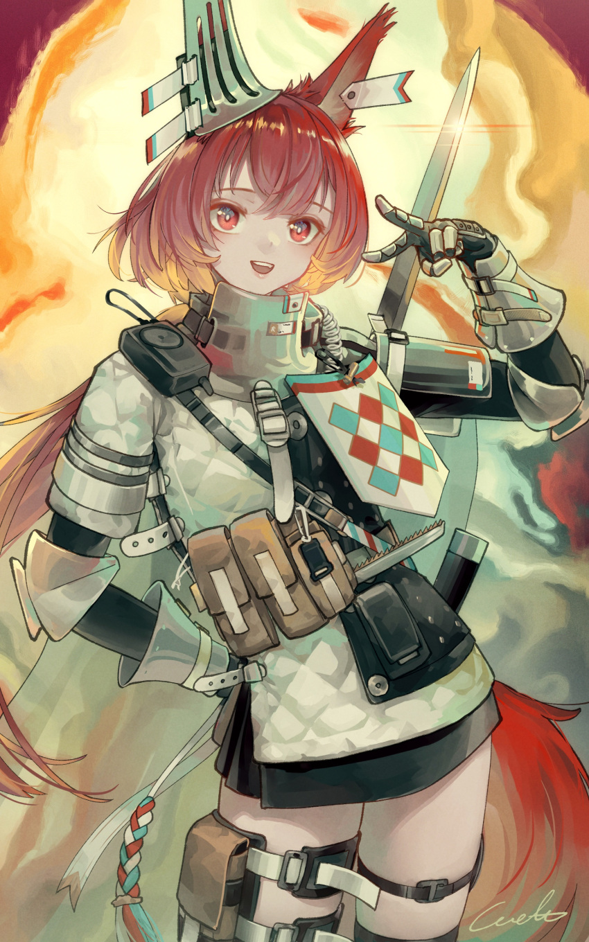 1girl :d absurdres animal_ears arknights armor black_skirt cowboy_shot ear_covers ear_tag flametail_(arknights) gauntlets hand_on_hip hand_up highres holding holding_sword holding_weapon long_hair open_mouth ponytail red_eyes shirt signature skirt smile solo squirrel_ears squirrel_girl squirrel_tail sword sword_behind_back tail teeth thigh_strap upper_teeth v weapon welt_(kinsei_koutenkyoku) white_shirt