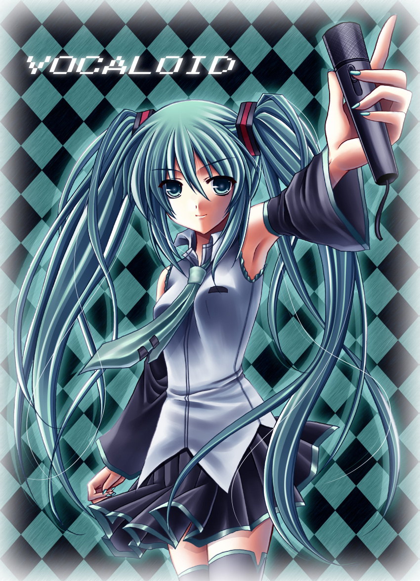 1girl :d absurdres aqua_eyes aqua_hair aqua_necktie armpits bad_link bare_shoulders black_skirt black_thighhighs blush boots breasts closed_mouth collared_shirt detached_sleeves frilled_shirt frills grey_shirt hair_between_eyes hatsune_miku headset highres holding holding_microphone kirihara_natsuki long_hair looking_at_viewer medium_breasts microphone necktie non-web_source outstretched_arm panties pleated_skirt purple_background shirt skirt sleeveless sleeveless_shirt sleeves_past_wrists smile solo tattoo teeth thigh_boots thighhighs twintails underwear very_long_hair vocaloid white_panties