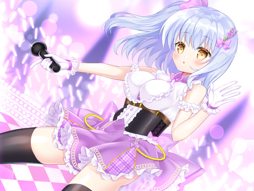 1girl :o bangs bare_shoulders black_thighhighs blue_hair blurry blurry_background blush bow breasts brown_eyes center_frills commentary_request commission depth_of_field frilled_shirt frilled_skirt frills gloves glowstick hair_between_eyes hair_bow hand_up highres holding holding_microphone looking_at_viewer medium_breasts microphone one_side_up original parted_lips pink_bow purple_skirt shikito shirt skeb_commission skirt sleeveless sleeveless_shirt solo thighhighs white_gloves white_shirt