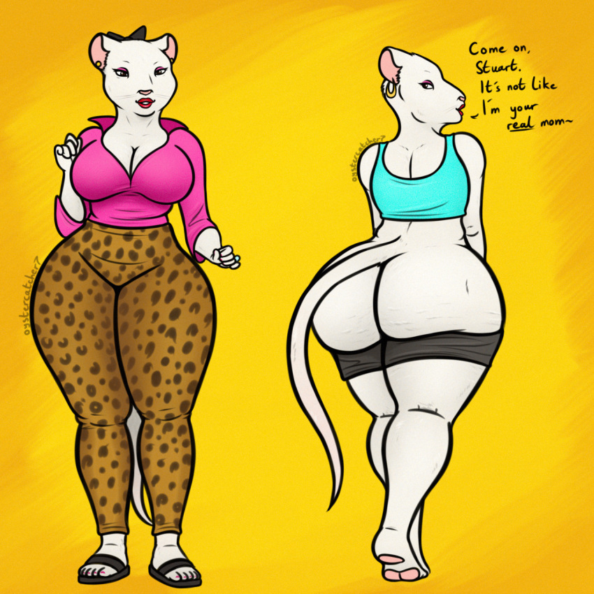 animal_print anthro anthrofied big_breasts big_butt breasts butt camille_stout_(stuart_little) cleavage clothed clothing female hi_res leopard_print mammal mature_female mouse murid murine oystercatcher7 rodent solo stuart_little_(film) teasing thick_thighs undressing wide_hips