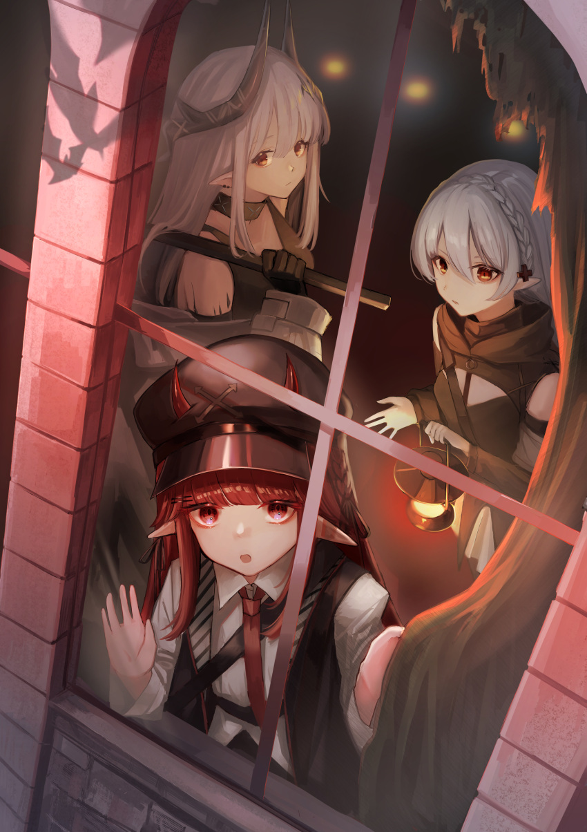 3girls absurdres against_window arknights bangs bare_shoulders black_dress black_headwear black_vest blunt_bangs braid closed_mouth collar collared_shirt crown_braid curtains dress earrings from_outside grey_hair hammer hat hemorina highres holding holding_hammer holding_lantern holding_weapon horns horns_through_headwear indoors infection_monitor_(arknights) jewelry lantern long_hair long_sleeves looking_at_viewer looking_outside mudrock_(arknights) multiple_girls necktie open_clothes open_mouth open_vest oripathy_lesion_(arknights) pointy_ears red_eyes red_hair red_necktie shirt side_braid vest vigna_(arknights) warfarin_(arknights) weapon white_shirt window