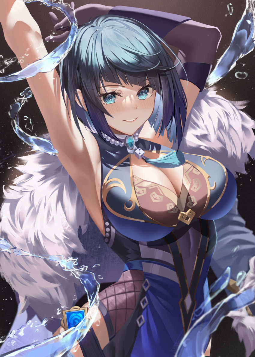 1girl absurdres armpits arms_up bangs black_gloves black_hair blue_eyes blunt_bangs blush breasts cleavage cleavage_cutout clothing_cutout coat coat_removed cowboy_shot diagonal_bangs dice elbow_gloves fur-trimmed_coat fur_trim genshin_impact gloves grey_coat hao_(mwhy4538) highres jewelry large_breasts necklace parted_lips short_hair single_glove smile solo tassel vision_(genshin_impact) water yelan_(genshin_impact)