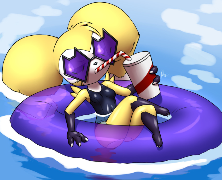 anthro bandai_namco beverage clothing container crossed_legs cup dark_sclera digimon digimon_(species) eyewear facial_markings female fur furball_(artist) head_markings heterochromia hybrid impmon inflatable inner_tube markings one-piece_swimsuit pool_(disambiguation) renamon renimpmon renimpmon_x short_stack sipping solo straw sunglasses swimwear water yellow_body yellow_fur