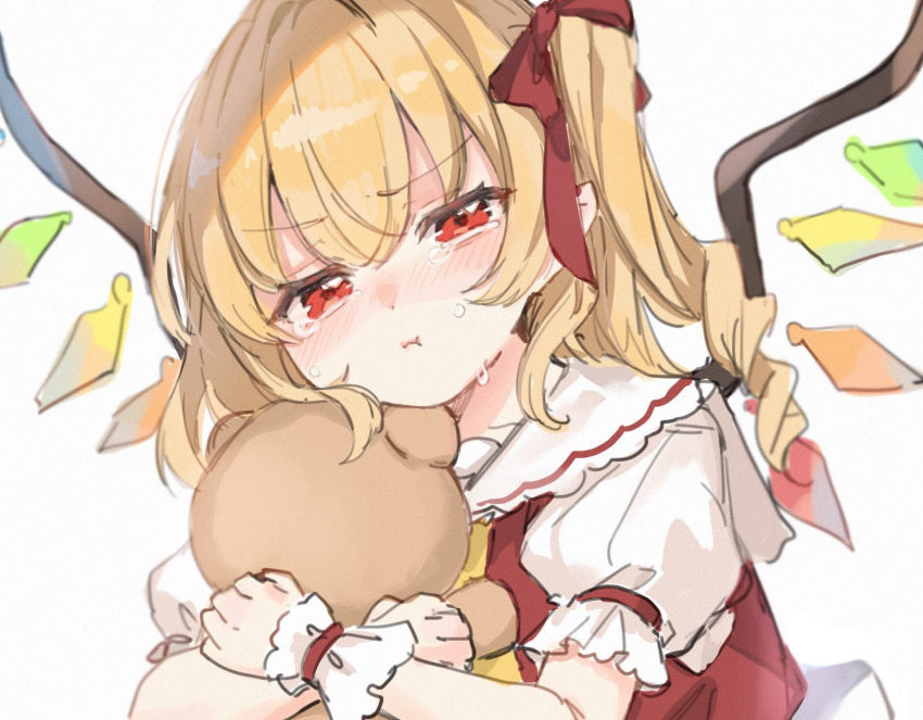 1girl ascot bangs blonde_hair blush collarbone collared_shirt crying crystal flandre_scarlet hair_ribbon highres looking_at_viewer object_hug one_side_up paragasu_(parags112) pout puffy_short_sleeves puffy_sleeves red_eyes red_ribbon red_vest ribbon shirt short_sleeves solo stuffed_animal stuffed_toy tears teddy_bear touhou upper_body vest white_background white_shirt wings wrist_cuffs yellow_ascot