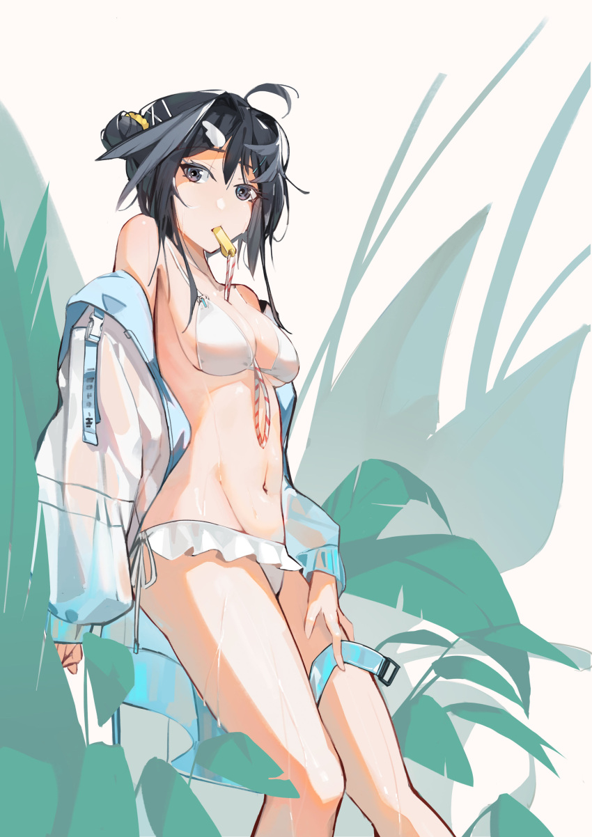 absurdres ahoge arknights bangs bare_shoulders bikini black_eyes black_hair breasts cleavage feet_out_of_frame frilled_bikini frills hair_bun highres jacket la_pluma_(arknights) la_pluma_(summer_flowers)_(arknights) long_sleeves looking_at_viewer medium_breasts mouth_hold navel official_alternate_costume open_clothes open_shirt orga_(orgacl) plant see-through short_hair single_side_bun standing stomach swimsuit wet whistle white_headwear white_jacket wing_hair_ornament