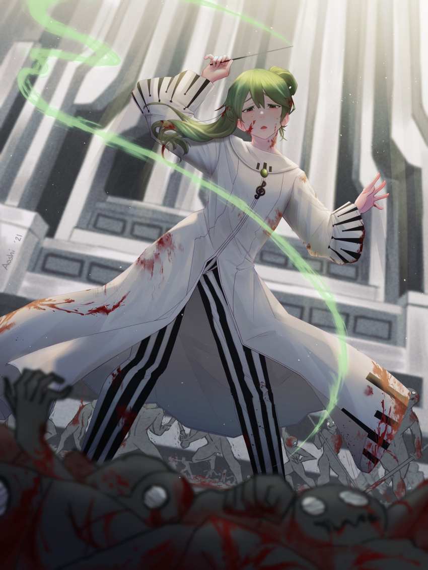 1boy absurdres aoshi-shi artist_name baton_(conducting) blood blood_on_clothes blood_on_face breasts casting_spell cosplay e.g.o_(project_moon) fighting green_eyes green_hair highres library_of_ruina looking_at_viewer male_focus medium_breasts netzach_(project_moon) pile_of_corpses project_moon sword the_silent_orchestra the_silent_orchestra_(cosplay) treble_clef weapon