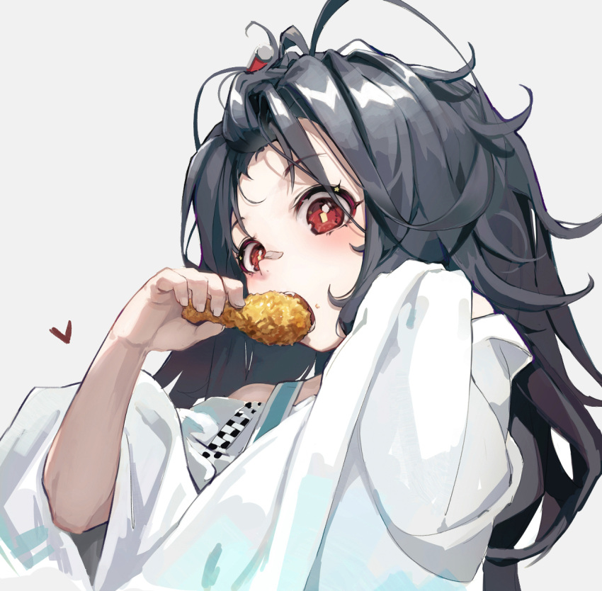1girl ahoge bandaid bandaid_on_face bandaid_on_nose black_hair c-ms_(girls'_frontline) character_request chicken_leg copyright_request eating food food_on_face forehead fried_chicken girls'_frontline grey_background heart highres holding holding_food jacket long_hair looking_at_viewer lower_teeth open_mouth red_eyes simple_background sleeves_past_wrists solo strap teeth timitarcat upper_body upper_teeth white_jacket