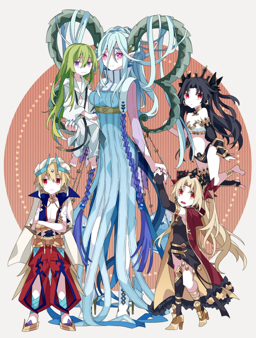 2boys 3girls bangs barefoot black_hair blonde_hair blue_dress blue_hair boots breasts carrying child commentary_request crossed_arms crossed_bangs curled_horns dress enkidu_(fate) ereshkigal_(fate) fate/grand_order fate/grand_order_arcade fate_(series) gilgamesh_(caster)_(fate) gilgamesh_(fate) green_eyes hair_between_eyes hair_on_horn high_collar high_heel_boots high_heels highres horns ishtar_(fate) kingu_(fate) kujiramaru large_breasts larva_tiamat_(fate) long_dress long_horns looking_at_viewer multiple_boys multiple_girls navel pointy_ears purple_eyes red_eyes short_eyebrows smile standing symbol-shaped_pupils tiamat_(fate) x_x younger