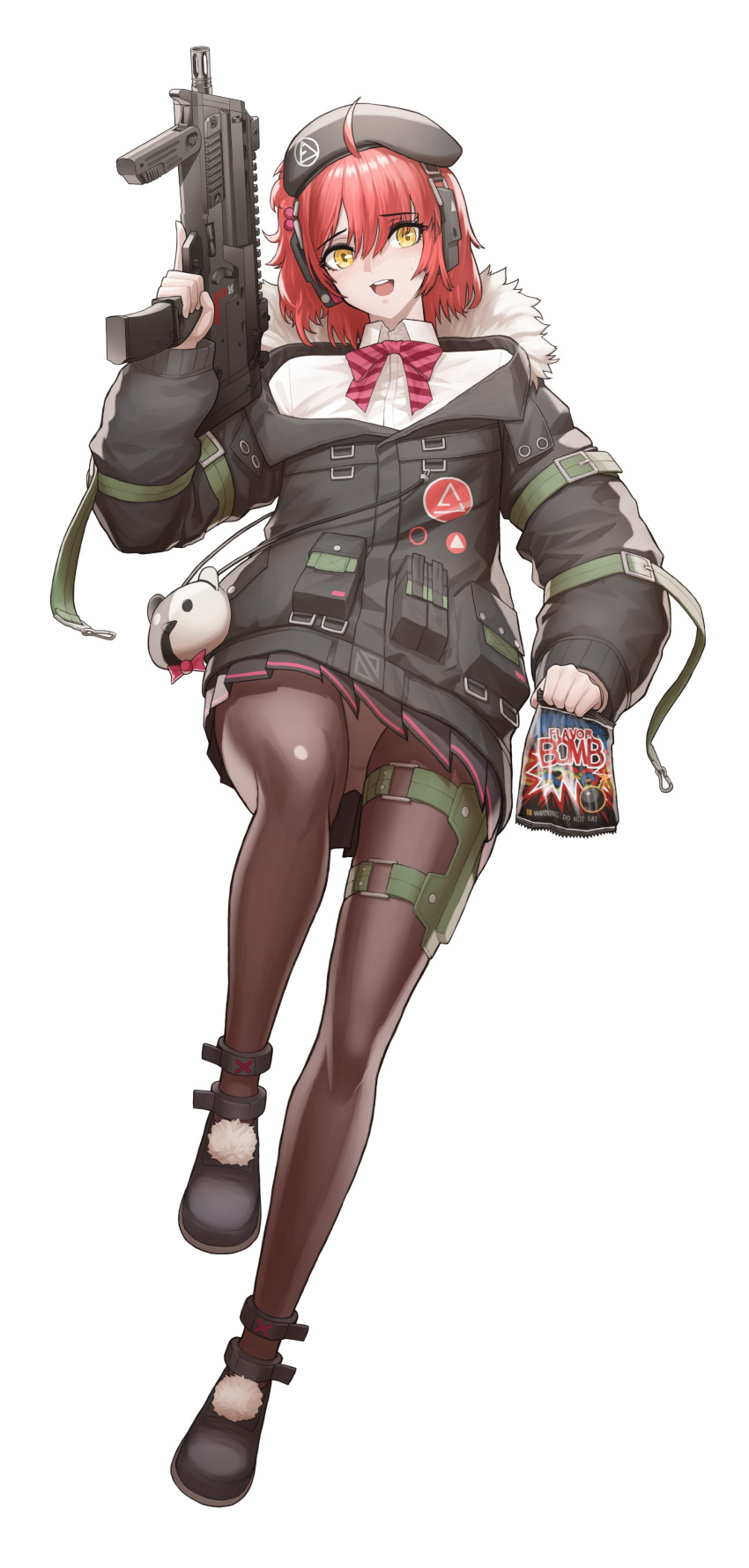 1girl absurdres ahoge ankle_strap beret candy cheogtanbyeong collared_shirt commission dress_shirt food full_body fur-trimmed_hood fur_trim girls'_frontline gun h&amp;k_mp7 hair_between_eyes hat headset highres hood jacket mp7_(girls'_frontline) open_mouth panties panties_under_pantyhose pantyhose pantyshot pleated_skirt pom_pom_(clothes) red_hair ribbon shirt side_ponytail skirt smile solo submachine_gun thigh_strap trigger_discipline underwear weapon white_panties yellow_eyes