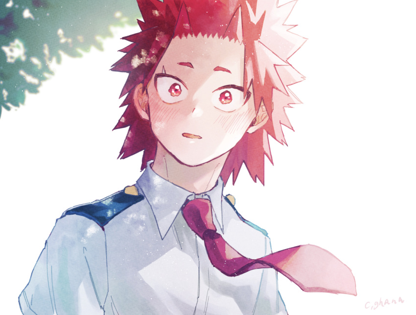 1boy adcalcium blush boku_no_hero_academia collared_shirt commentary_request kirishima_eijirou looking_at_viewer male_focus necktie open_mouth red_eyes red_hair red_necktie school_uniform shirt short_hair solo spiked_hair u.a._school_uniform white_background white_shirt