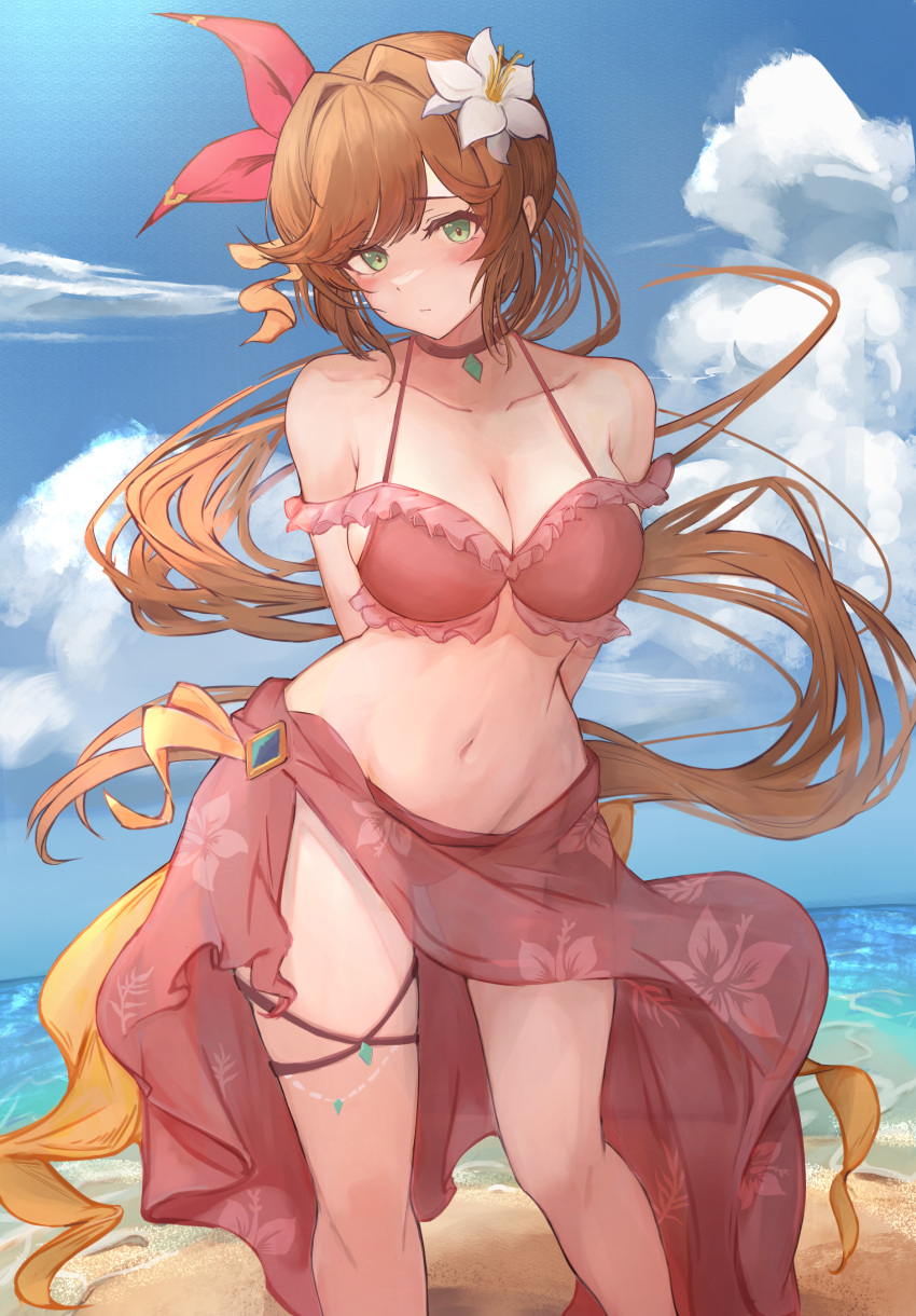 1girl :/ absurdres aqua_eyes arms_behind_back asaikeu bangs bare_shoulders beach bikini blush breasts choker clarisse_(granblue_fantasy) cloud collarbone feet_out_of_frame flower frilled_bikini frills gem granblue_fantasy hair_flower hair_intakes hair_ornament halter_top halterneck head_tilt highres large_breasts long_hair looking_at_viewer navel ocean orange_hair ponytail red_bikini red_sarong sand sarong solo swimsuit tareme thigh_strap waves