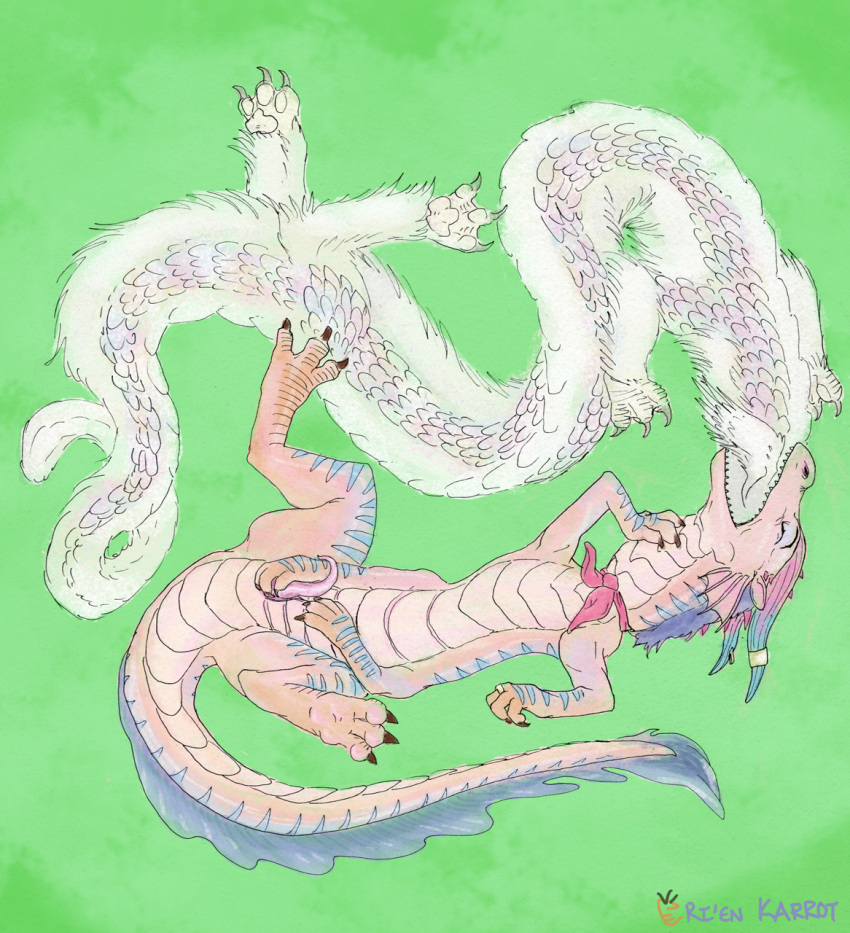 ambiguous_gender ascot asian_mythology babe_(luck) crossgender dragon duo east_asian_mythology eastern_dragon falkor feral genitals hexapodal hi_res luck_(film) male mythology penis rienkarrot scales tapering_penis the_neverending_story vore