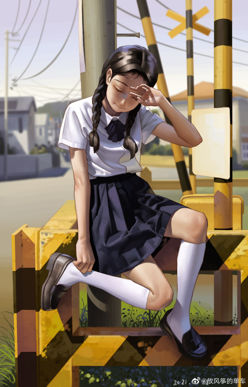 1girl :i absurdres arm_at_side black_hair blue_bow blue_bowtie blue_skirt blurry blurry_background bow bowtie braid closed_eyes fang_fengzheng_de_danche forehead full_body grass hair_slicked_back hand_on_forehead highres house kneehighs loafers low_twin_braids original outdoors pleated_skirt power_lines railing road school_uniform shirt shoes short_sleeves sidelighting sitting sitting_on_railing skirt socks solo street twin_braids twintails utility_pole weibo_logo weibo_username white_shirt white_socks