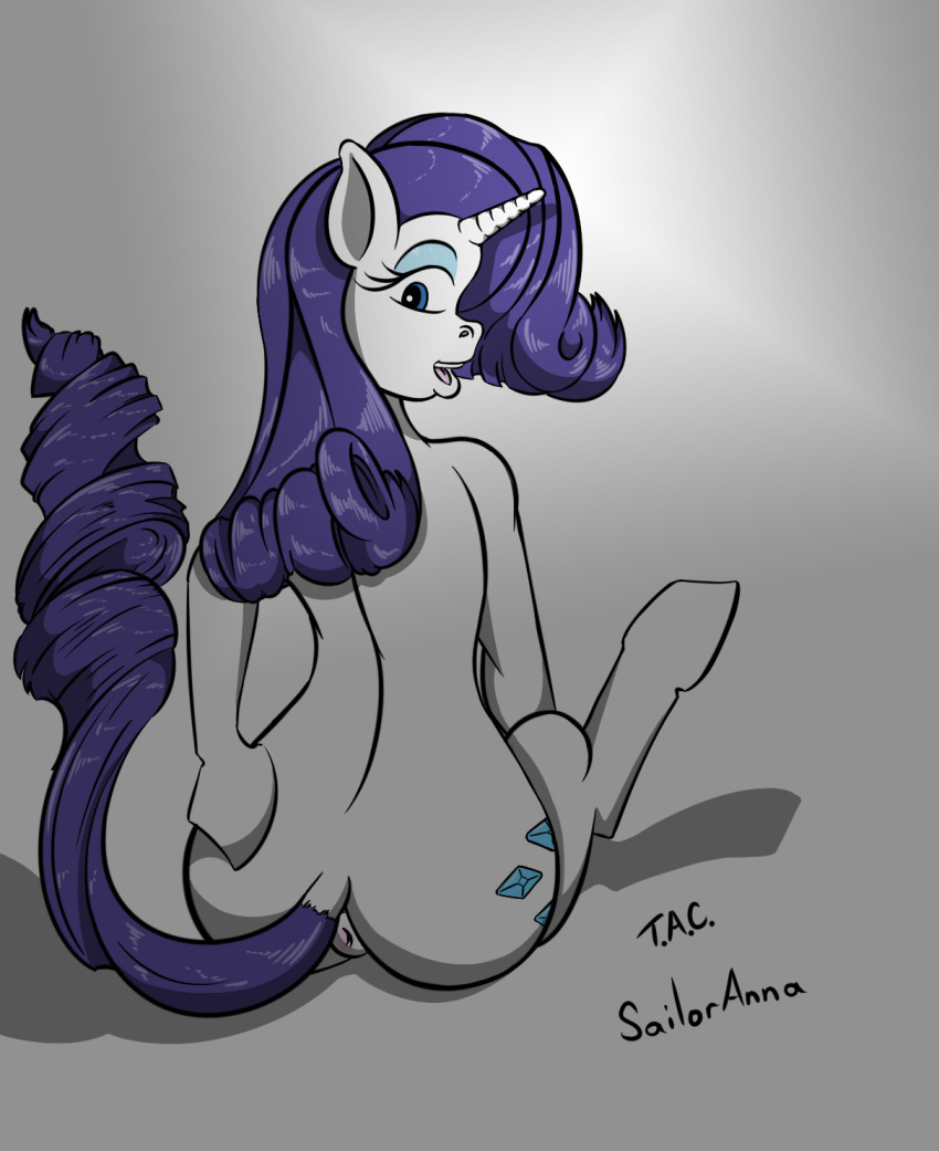 anus blue_eyes cutie_mark dock equid equine female feral friendship_is_magic hair hand_on_butt hi_res horn looking_back mammal my_little_pony open_mouth purple_hair rarity_(mlp) sailoranna simple_background sitting solo unicorn white_body