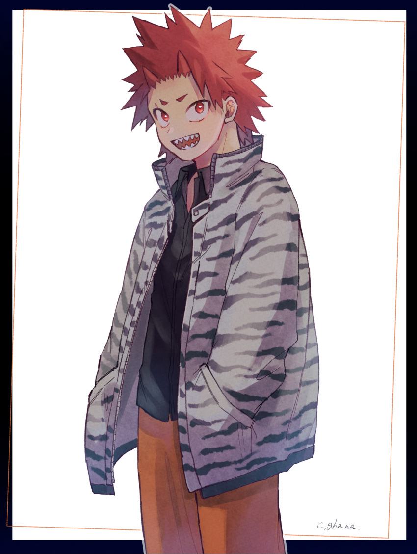 1boy adcalcium alternate_costume animal_print black_border black_shirt boku_no_hero_academia border collared_shirt commentary_request cowboy_shot hands_in_pockets highres jacket kirishima_eijirou long_sleeves looking_at_viewer male_focus open_clothes open_jacket open_mouth orange_pants outside_border pants print_jacket red_eyes red_hair sharp_teeth shirt short_hair signature simple_background smile solo spiked_hair standing teeth tiger_print white_background white_jacket