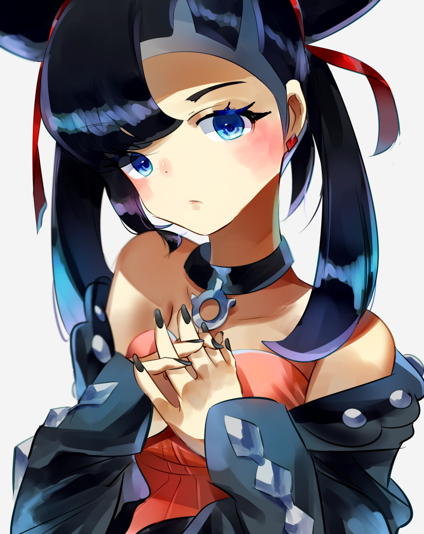 1girl :o absurdres black_choker black_hair black_jacket black_nails blush choker claw_pose dress gao green_eyes hair_ribbon highres jacket jaibus looking_at_viewer marnie_(pokemon) medium_hair open_mouth pendant_choker pink_dress pokemon pokemon_(game) pokemon_swsh red_ribbon ribbon simple_background solo twintails two_side_up upper_body white_background