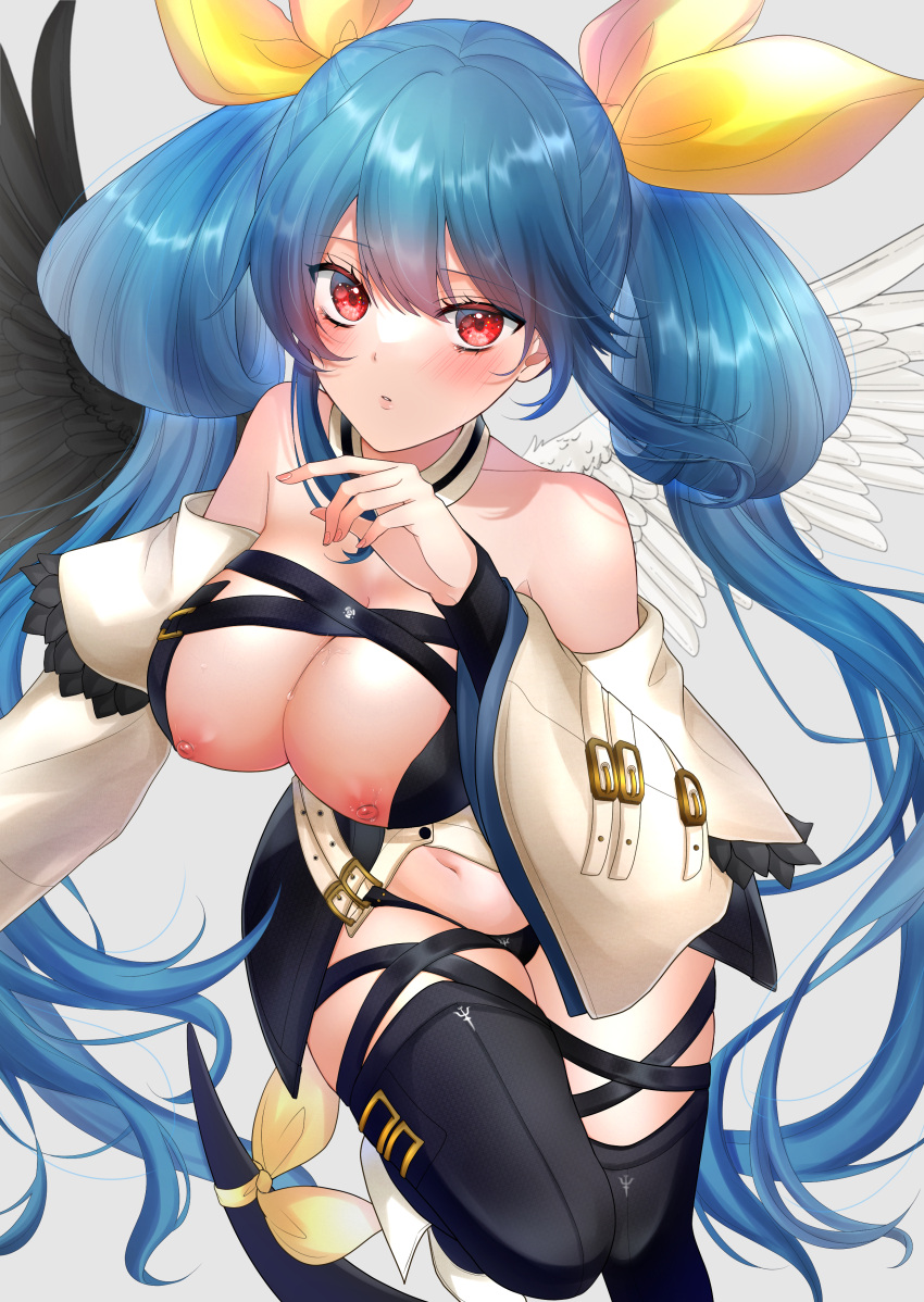 1girl absurdres angel_wings asymmetrical_wings bangs bare_shoulders belt black_panties black_thighhighs blue_hair blush breasts breasts_out cleavage detached_collar detached_sleeves dizzy_(guilty_gear) grey_background guilty_gear guilty_gear_xrd hair_ribbon hair_rings highres large_breasts long_hair looking_at_viewer midriff monster_girl nail_polish navel nipples panties parted_lips red_eyes ribbon rio sidelocks simple_background skindentation solo stomach tail tail_ornament tail_ribbon thick_thighs thigh_strap thighhighs thighs twintails underwear wings yellow_ribbon