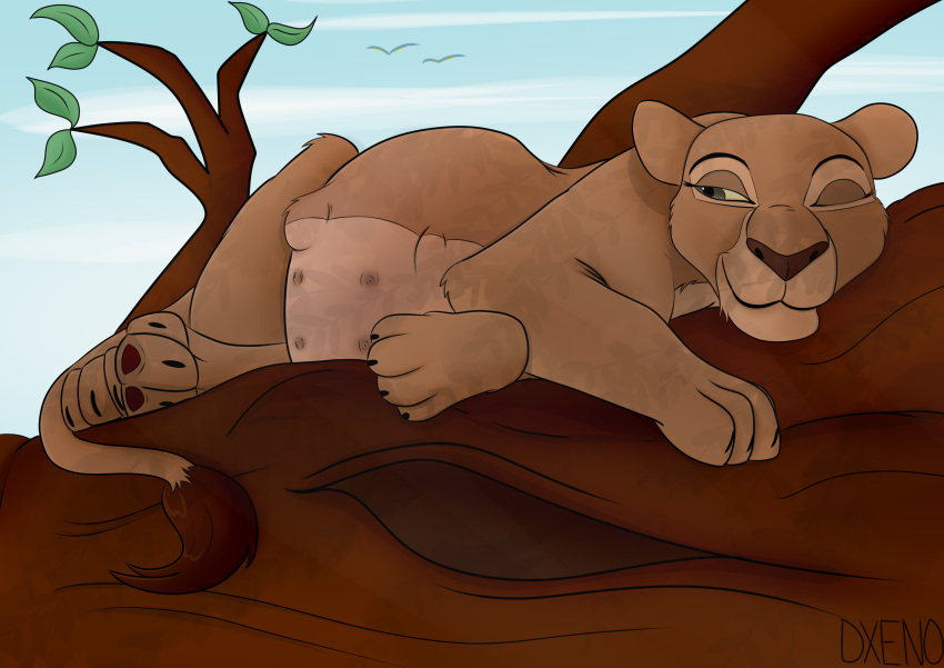 absurd_res branch disney felid feline female feral hi_res invalid_background lazy lion log mammal nala nipples pantherine pawpads plant pregnant pregnant_female shaded sky sleeping solo tail_tuft teats the_lion_king tree tuft wood xenopony456