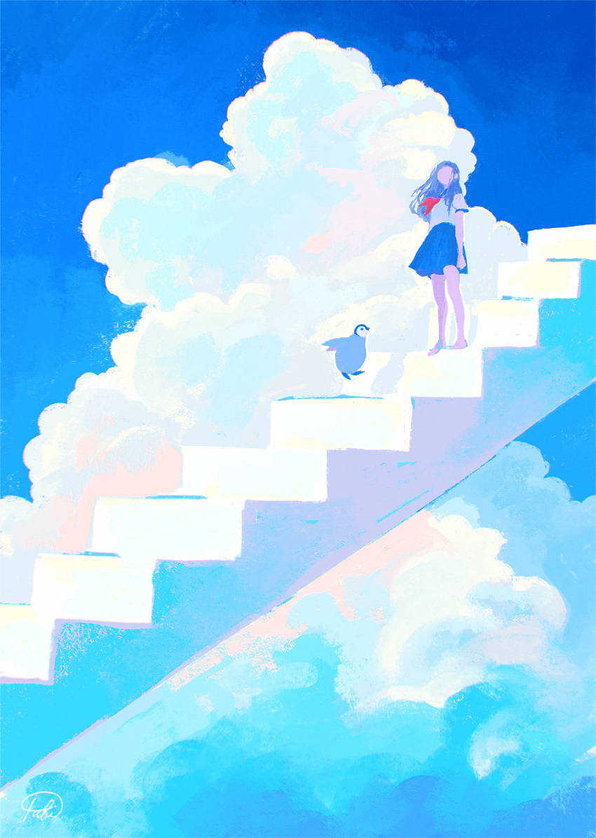 1girl animal bird blue_sky blue_theme cloud highres long_hair original penguin scenery school_uniform serafuku skirt sky stairs tabi_(tabisumika)