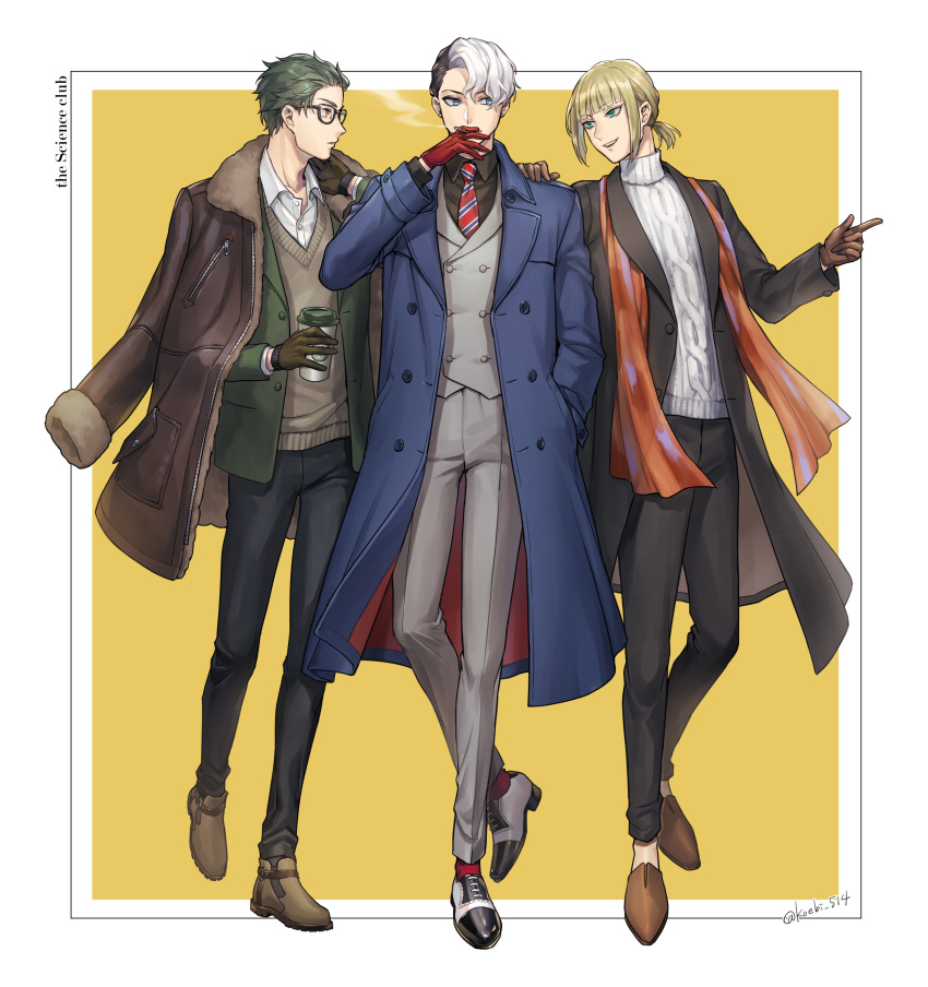 3boys absurdres black_coat black_hair black_pants blue_coat blue_eyes brown_coat brown_eyes brown_footwear brown_gloves brown_sweater_vest coat coat_on_shoulders cup disposable_cup divus_crewel earrings formal glasses gloves green_jacket grey_pants grey_suit hand_in_pocket highres hnkn_ida jacket jewelry male_focus multicolored_hair multiple_boys necktie pants red_gloves ribbed_sweater rook_hunt shoes short_ponytail smoking standing striped_necktie stud_earrings suit sweater sweater_vest trey_clover turtleneck turtleneck_sweater twisted_wonderland two-tone_hair white_hair yellow_background zipper