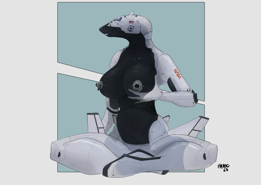 aircraft aircraft_humanoid airlock anthro black_and_white_body blue_lips bodily_fluids breast_grab breasts crossed_legs eyeless female hand_on_breast havoc63 lactating lips living_aircraft living_machine living_vehicle machine nasa sitting smile solo space space_shuttle spacecraft us_flag vehicle wings