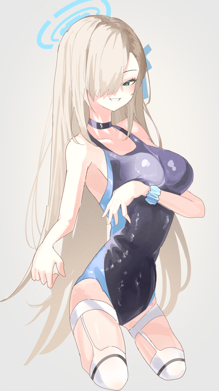 1girl asuna_(blue_archive) bangs black_swimsuit blue_archive blue_eyes blue_swimsuit blush breasts competition_swimsuit covered_navel gloves hair_over_one_eye halo highleg highleg_swimsuit highres large_breasts light_brown_hair long_hair mole mole_on_breast multicolored_clothes multicolored_swimsuit one-piece_swimsuit solo standing swept_bangs swimsuit tatara_(alnath_may) thighhighs very_long_hair white_gloves white_swimsuit white_thighhighs