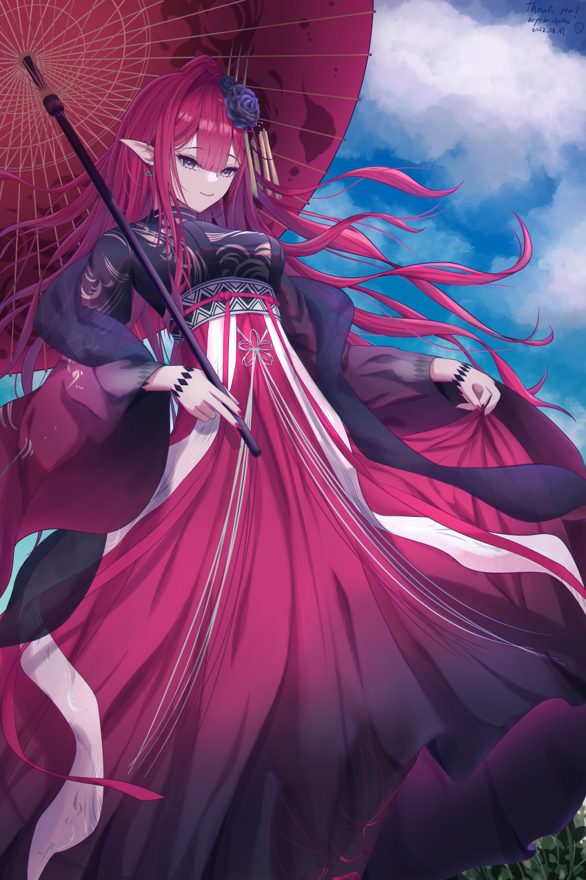 1girl absurdres alternate_costume blue_sky breasts cloud day eeyoosekedooaat fairy_knight_tristan_(fate) fate/grand_order fate_(series) grey_eyes highres holding holding_umbrella long_skirt looking_at_viewer outdoors pale_skin pink_hair pointy_ears purple_skirt sidelocks skirt sky slit_pupils smile solo umbrella