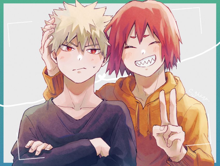 2boys adcalcium aqua_border bakugou_katsuki black_shirt blonde_hair blush boku_no_hero_academia closed_eyes closed_mouth collarbone commentary_request crossed_arms drawstring frown grey_background grin hand_on_another's_head highres hood hood_down hoodie kirishima_eijirou long_sleeves looking_at_viewer male_focus multiple_boys orange_hoodie outside_border red_eyes red_hair sharp_teeth shirt short_hair signature simple_background smile spiked_hair teeth upper_body v