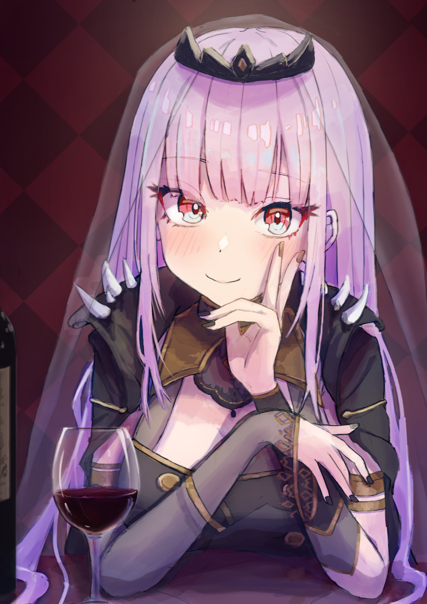 1girl absurdres alcohol black_cloak black_nails blush bottle breasts checkered_background cloak closed_mouth cup eyelashes eyes_visible_through_hair fingernails gradient gradient_hair head_rest highres hololive hololive_english icetea774 large_breasts long_fingernails long_hair looking_at_viewer mori_calliope multicolored_hair patterned patterned_background pink_hair purple_hair red_eyes see-through smile solo spikes tiara underwear virtual_youtuber wine wine_bottle