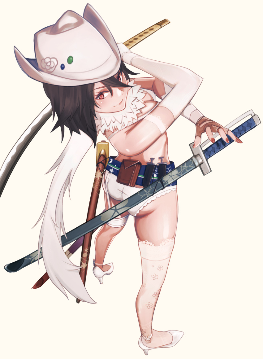 1girl ankle_strap arm_strap ass belt bikini black_hair blue_belt breasts brown_gloves cleavage closed_mouth cowboy_hat dual_wielding elbow_gloves fingerless_gloves floral_print from_above full_body fur-trimmed_collar gloves hair_between_eyes hat high_heels highres holding holding_sword holding_weapon katana knife looking_at_viewer original pouch red_eyes red_nails scarf sheath sheathed simple_background single_thighhigh smile solo swimsuit sword thigh_strap thighhighs unsheathed viktorf weapon white_bikini white_footwear white_gloves white_headwear white_scarf white_thighhighs