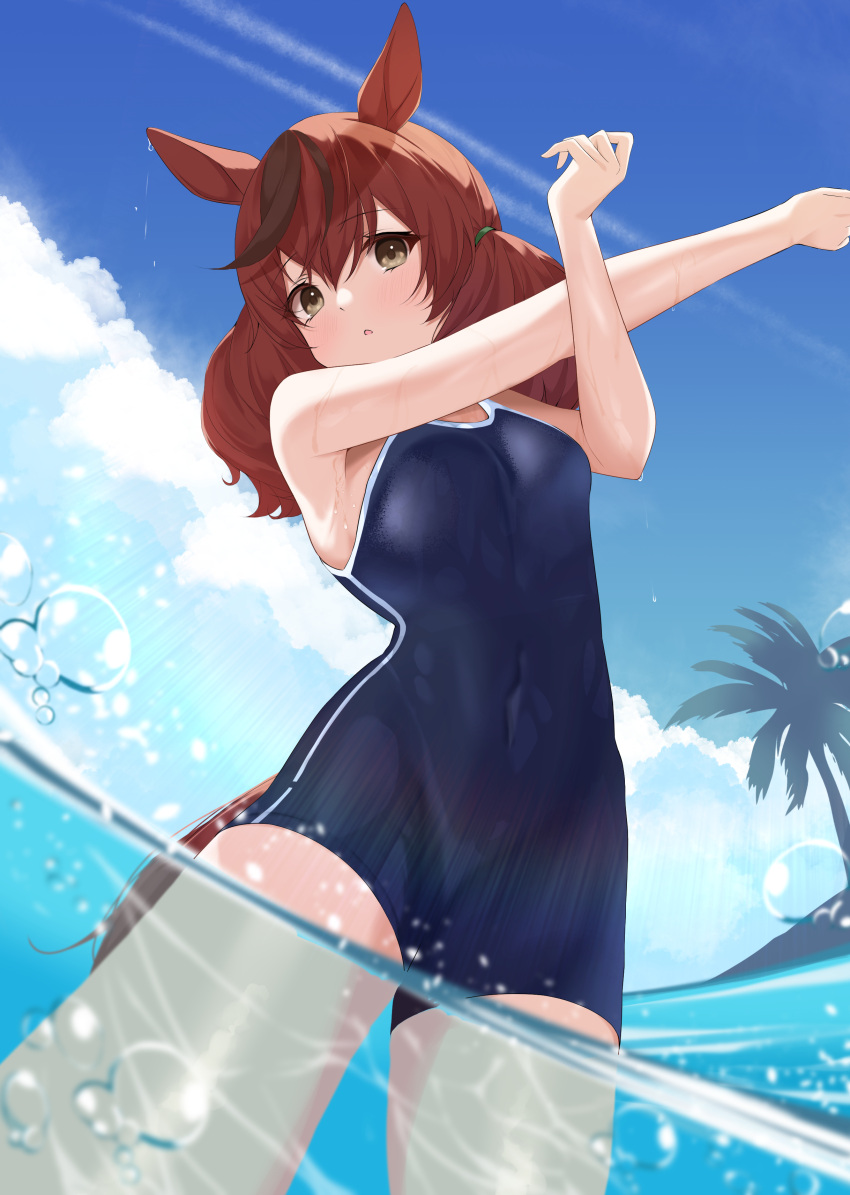 absurdres animal_ears armpits blush breasts brown_eyes bubble cathy_idx commentary_request hair_between_eyes highres horse_ears horse_girl horse_tail island medium_breasts medium_hair nice_nature_(umamusume) open_mouth red_hair school_swimsuit sky swimsuit tail umamusume water