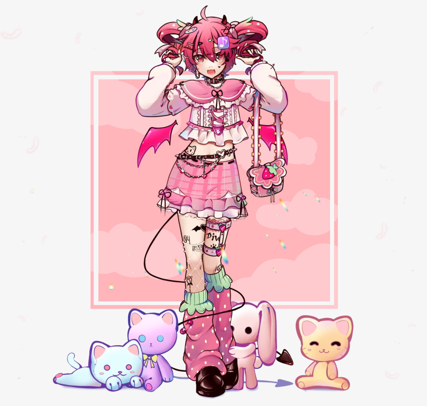 1girl :d bag belt belt_chain blush bread_hair_ornament chain_earrings collar crop_top cross-laced_clothes demon_horns demon_wings drill_hair facial_mark fang food-themed_bag food-themed_clothes food-themed_hair_ornament food_print frilled_shirt_collar frilled_skirt frills hair_ornament hair_ribbon hairclip hands_in_hair hands_up heart heart_facial_mark heart_o-ring highres holding holding_bag horns ianxy2 kasane_teto loafers long_sleeves loose_socks midriff musical_note musical_note_hair_ornament navel o-ring_belt open_mouth pink_eyes pink_hair plaid plaid_skirt ribbon safety_pin shoes skirt smile solo spring_onion_hair_ornament strawberry_print stuffed_animal stuffed_bunny stuffed_cat stuffed_toy tattoo thigh_strap twin_drills utau wings x_hair_ornament