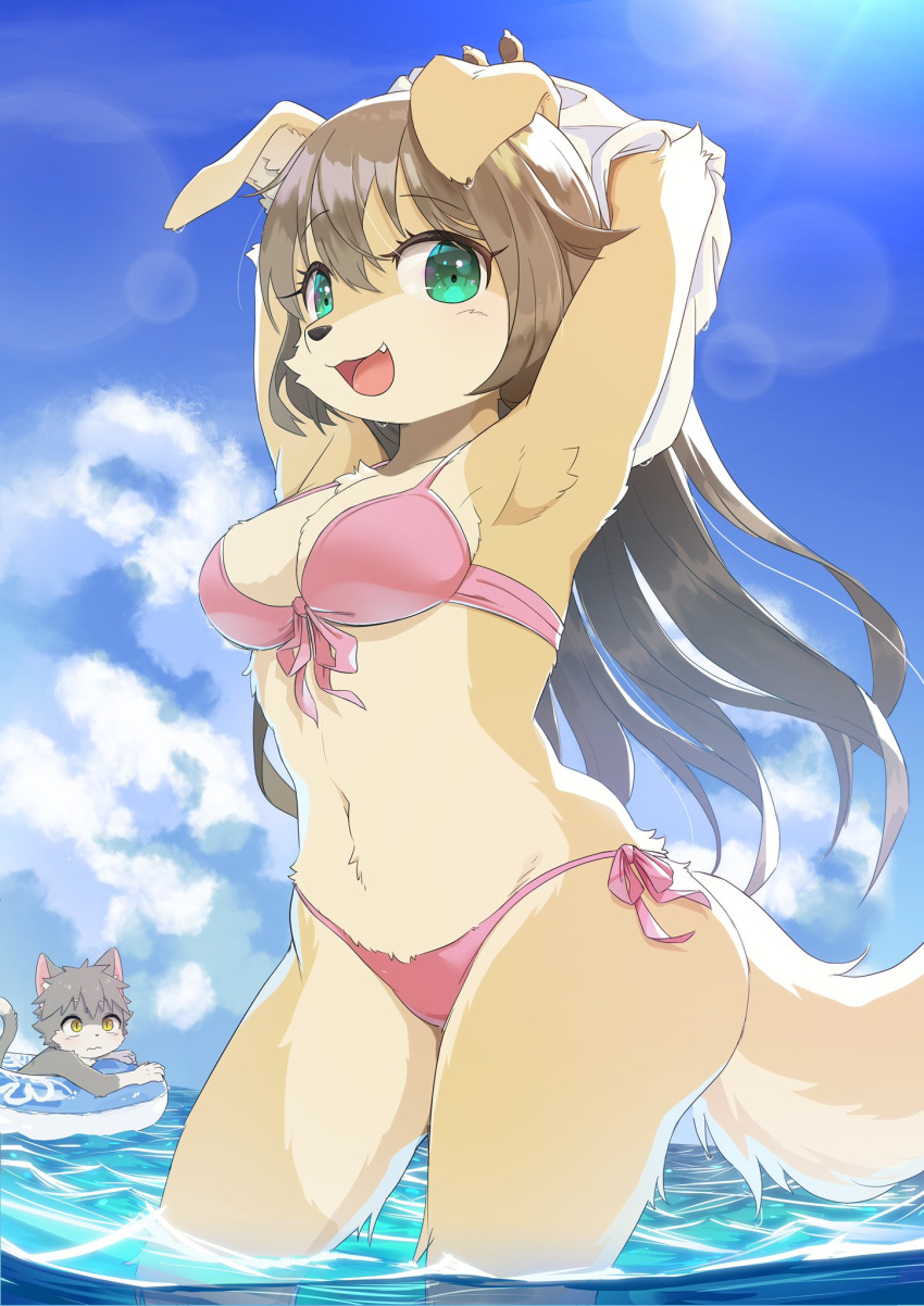 1boy 1girl :3 animal_ear_fluff animal_ears animal_nose armpits arms_up bangs bikini blue_background blue_sky blush body_fur breasts brown_hair cat_boy cat_ears cat_tail cleavage closed_mouth cloud commentary cowboy_shot day dog_ears dog_girl dog_tail fang front-tie_bikini front-tie_top furry furry_female furry_male green_eyes grey_fur happy highres innertube konazarame lens_flare light_blush long_hair looking_at_another looking_at_viewer medium_breasts navel open_mouth original outdoors pink_bikini shiny shiny_hair shirt side-tie_bikini sidelocks sky slit_pupils smile snout solo_focus standing stomach sunlight swimsuit tail thighs two-tone_fur undressing water white_fur white_shirt wide_hips yellow_eyes yellow_fur