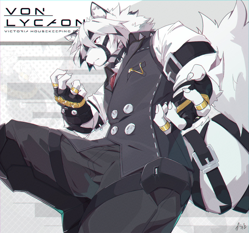 2022 5_fingers absurd_res anthro black_bottomwear black_clothing black_pants bottomwear butler canid canine canis claws clothing cybernetic_leg cybernetic_limb finger_claws fingers fur harness hi_res male mammal mihoyo name_in_background pants ring sakehabera signature solo topwear victoria_housekeeping video_games von_lycaon white_body white_fur wolf zenless_zone_zero zoom_out