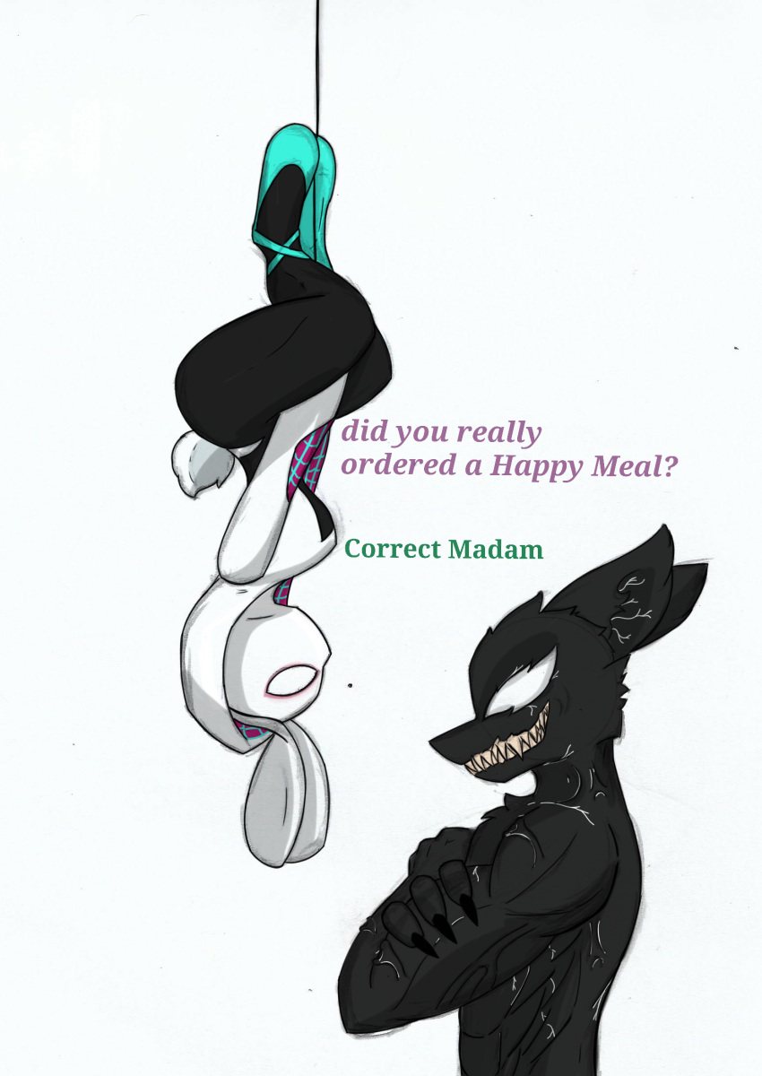 anthro arachnid arthropod clothing cosplay costume crossed_arms crossover disney duo female grin hi_res judy_hopps male marvel muscular nick_wilde pace-maker smile spider spider_gwen symbiote upside_down venom venom_(marvel) zootopia