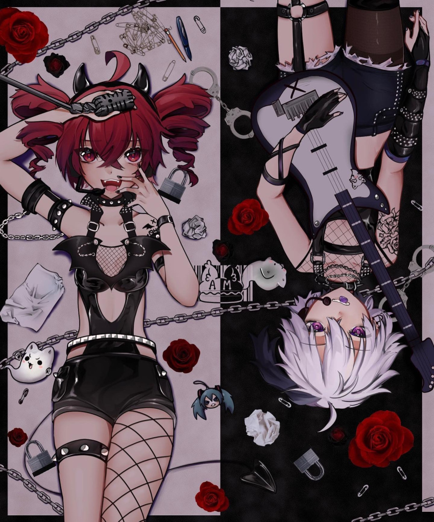 2girls :3 :d ahoge arm_up asymmetrical_gloves asymmetrical_legwear bangs belt belt_bracelet black_hair blush bracelet chain chain_necklace crumpled_paper cuffs drill_hair fangs fingerless_gloves fishnet_top fishnets flower flower_(vocaloid) flower_(vocaloid4) garter_straps gloves guitar handcuffs headphones headset highres holding holding_instrument holding_microphone ianxy2 instrument jewelry kasane_teto latex lock microphone microphone_stand mouth_hold multicolored_hair multiple_girls nail_polish necklace o-ring open_mouth padlock pantyhose paperclip pen pencil plectrum plectrum_in_mouth purple_eyes red_eyes red_hair rose short_hair single_fishnet_legwear single_leg_pantyhose single_thighhigh smile spiked_thighlet thigh_strap thighhighs twin_drills two-tone_hair upside-down utau vocaloid waist_cutout white_hair