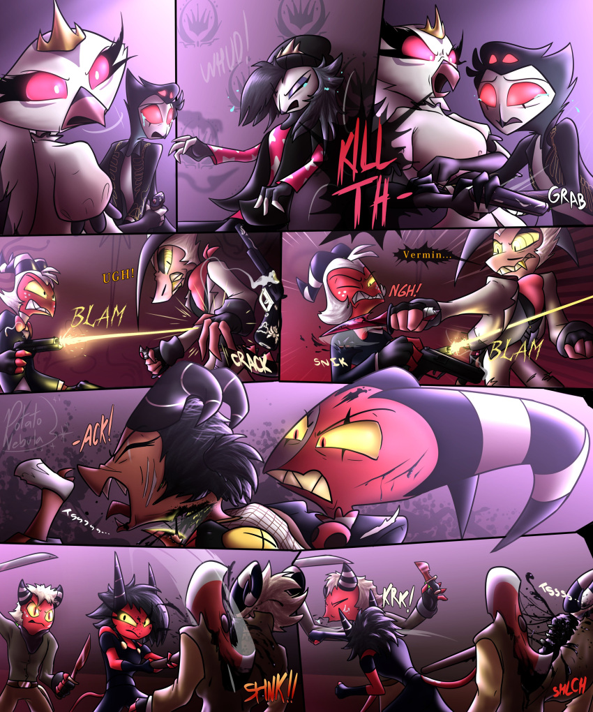 absurd_res angry anthro avian bird blitzo_(helluva_boss) bodily_fluids clothing crashing crown crying detailed_background dress female group gun hair helluva_boss hi_res imp long_hair looking_down male menacing_(disambiguation) millie_(helluva_boss) moxxie_(helluva_boss) octavia_(helluva_boss) owl owl_demon pink_eyes potatonebula ranged_weapon sitting speech_bubble standing stella_(helluva_boss) stolas_(helluva_boss) striker_(helluva_boss) tears text violence weapon wounded yellow_text