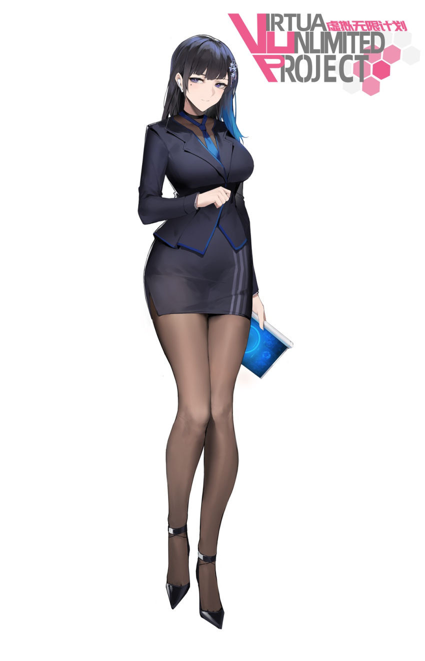 1girl airpods alios_arvin ankle_strap bangs black_footwear black_hair black_pantyhose black_sleeves black_suit blue_hair blue_necktie blunt_bangs breasts closed_mouth copyright_name curled_fingers english_commentary formal full_body high_heels highres holding ji_yi knees_together_feet_apart large_breasts long_hair long_legs long_sleeves looking_away mole mole_under_eye necktie office_lady pantyhose pencil_skirt purple_eyes simple_background skirt solo split_mouth suit thighs virtual_unlimited_project white_background wireless_earphones