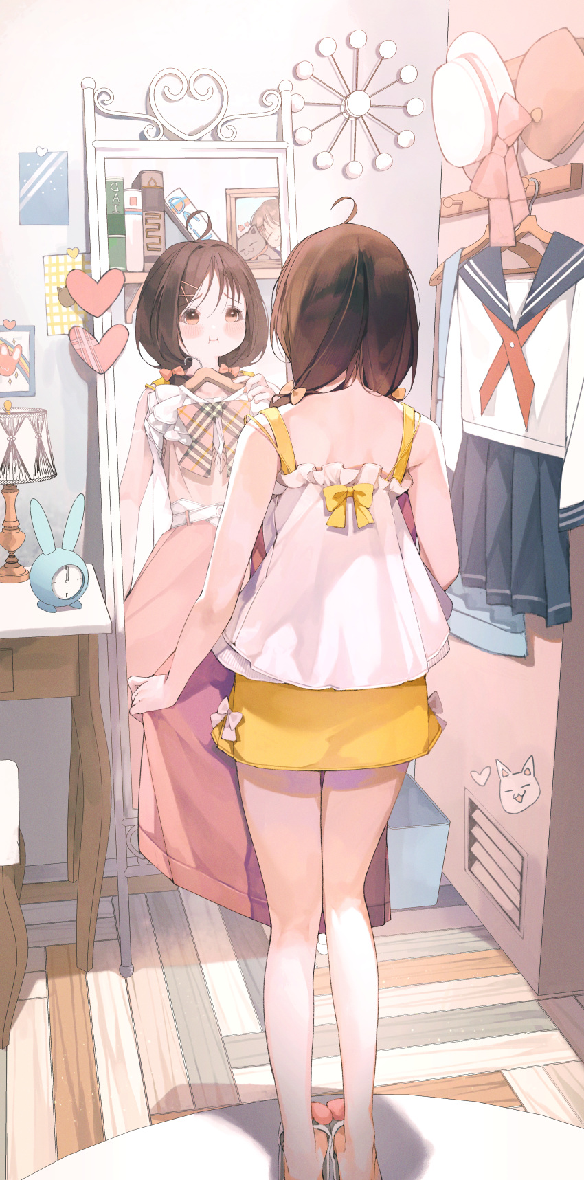 1girl :i absurdres ahoge alarm_clock bangs bare_legs blue_sailor_collar blue_skirt book bookshelf bow brown_eyes brown_hair camisole clock english_commentary frilled_camisole frills hair_between_eyes hair_bow hat hat_rack heart highres immi_immi indoors lamp light_blush medium_hair miniskirt mirror multiple_views neckerchief orange_bow orange_footwear original photo_(object) pleated_skirt red_neckerchief reflection sailor_collar sandals school_uniform seat serafuku skirt skirt_bow standing sticky_note table trash_can twintails ventilation_shaft white_bow white_camisole white_serafuku wooden_floor yellow_bow yellow_skirt
