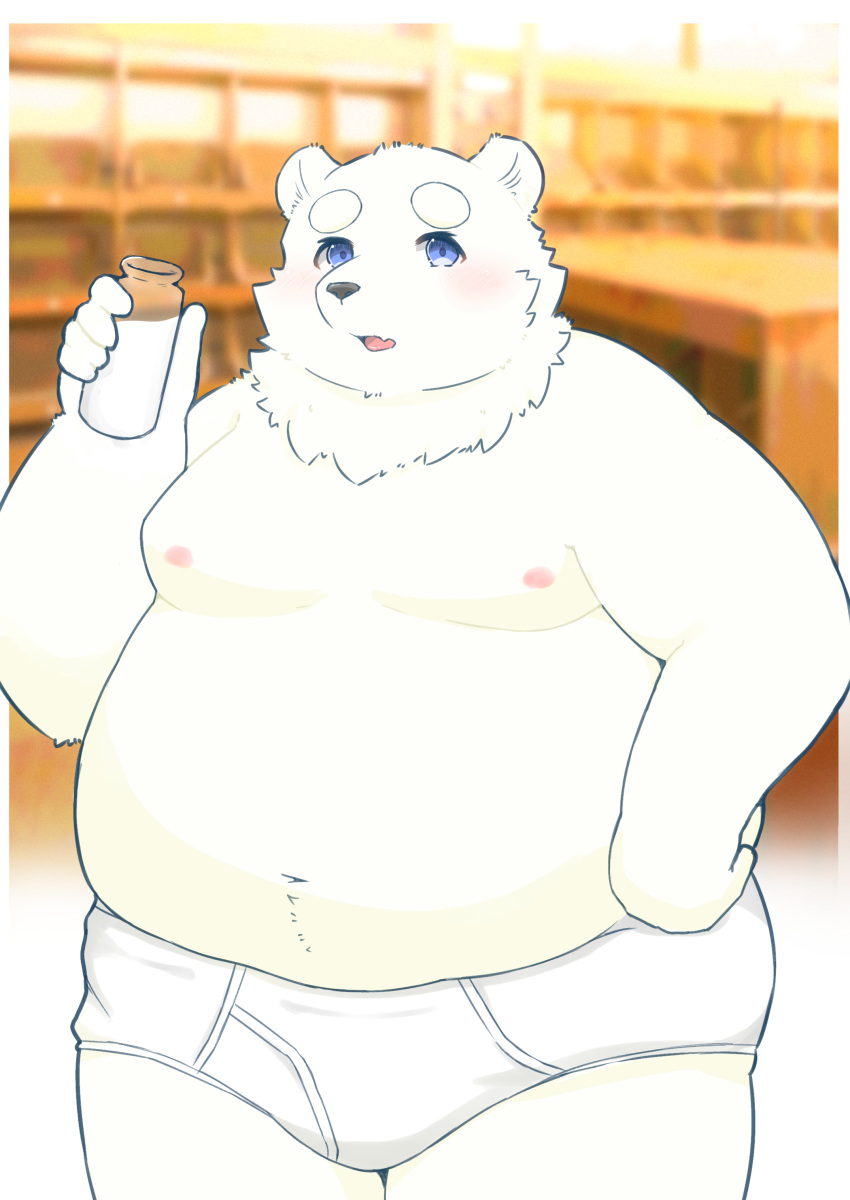 2022 absurd_res anthro ayata belly big_belly black_nose blue_eyes blush bulge clothing hi_res humanoid_hands kemono male mammal moobs navel nipples overweight overweight_male solo underwear ursid